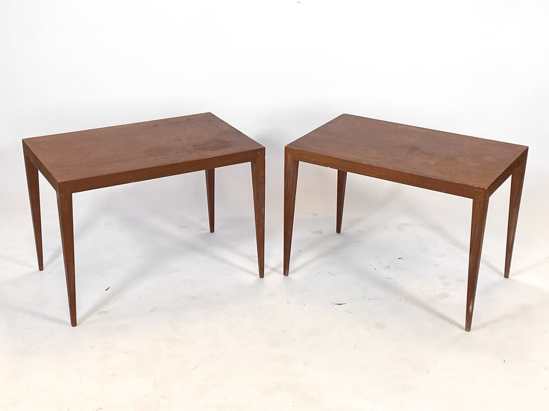 PAIR OF SEVERIN HANSEN TEAK SIDE TABLES C. 1960S: For Haslev. Marked underneath. Denmark, circa 1960s. Dimensions: H 20" x W 27.5" x D 17.5". Condition: Watermarks, scuffs and dings, wear consistent with age and use.