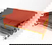 DANISH OAK & WOOL SOFA C. 1970S: Oak frame with carved decoration to arms and red wool upholstery. Denmark, circa 1970s. Dimensions: H 31.25" x W 67.5" x D 27.25" x SH 17.5". Condition: Minor scuffs and rubs to legs. Minor dings to