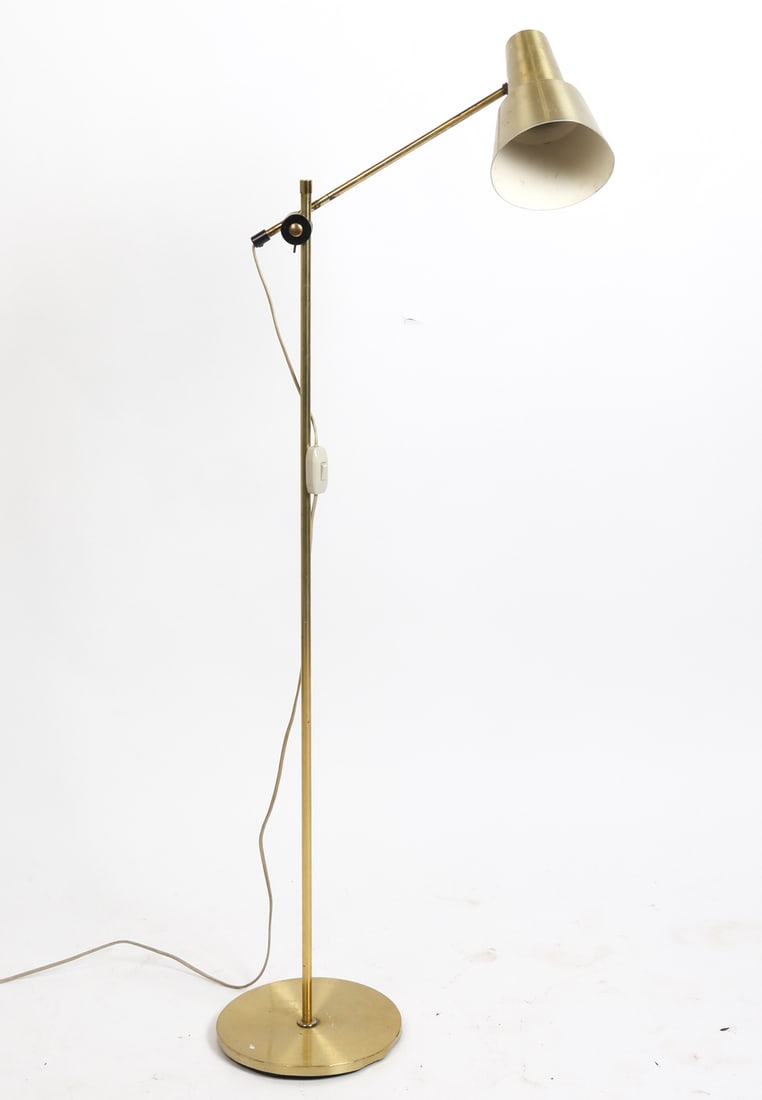 DANISH BRASS FLOOR LAMP C. 1970S: Brass floor lamp with adjustable lamp. Denmark, circa 1970s. Dimensions: H 44.25" x W 9.5" x D 13.5". Condition: Wiring untested, European plug. Wear consistent with age and use including dings and