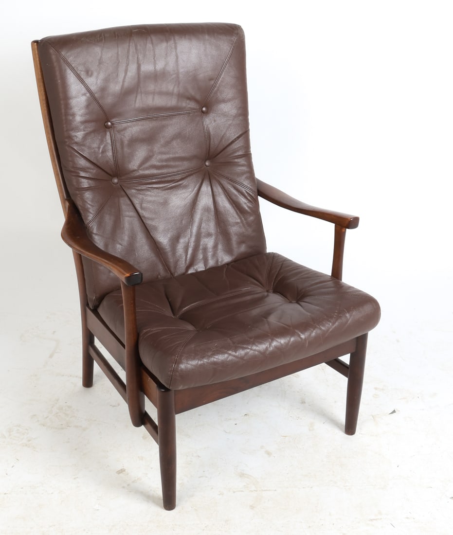 FARSTRUP "CASA" DANISH BEECH LOUNGE CHAIR C. 1970S: Beech ladderback frame with leather upholstery. Apparently unmarked. Denmark, circa 1970s. Dimensions: H 39" x W 26" x D 29" x Sh 17.75". Condition: Wear consistent with age and use, including minor