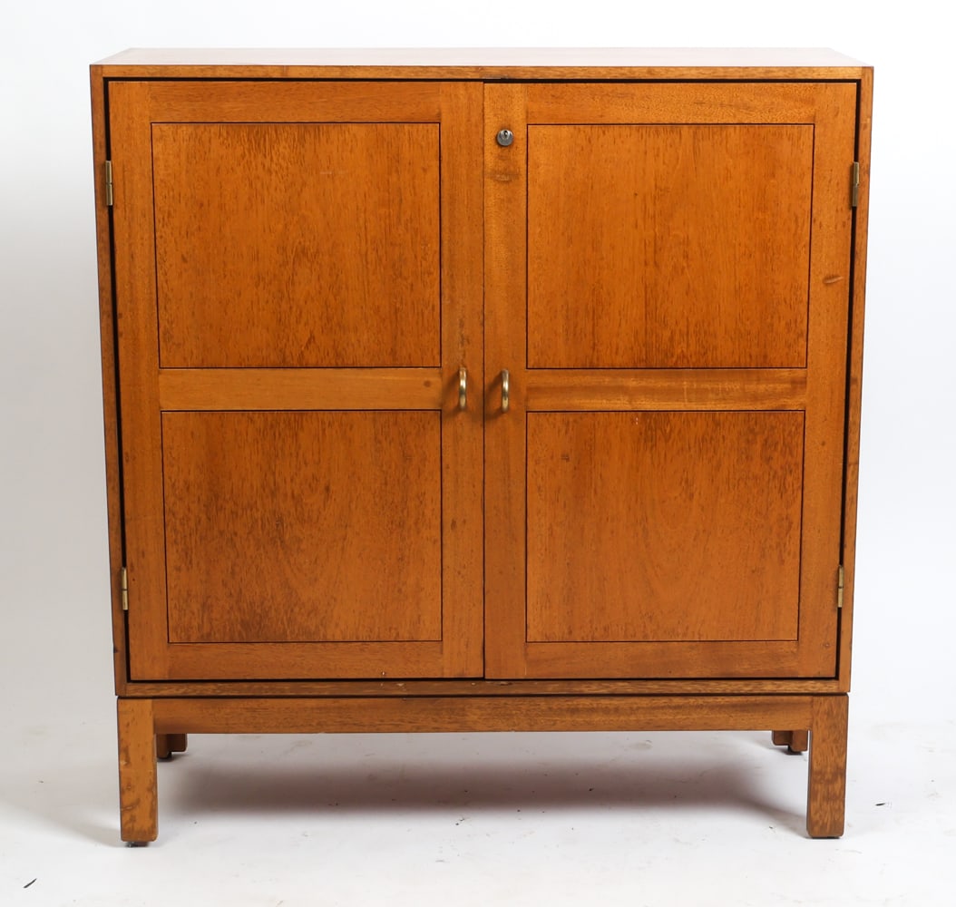 CHRISTIAN HVIDT FOR SOBORG DANISH CABINET: Key included. Tagged on back. Adjustable shelves. Denmark, circa 1970s. Dimensions: H 37.5" x W 35.5" x D 13.5". Condition: Wear consistent with age and use including scratches and dings.