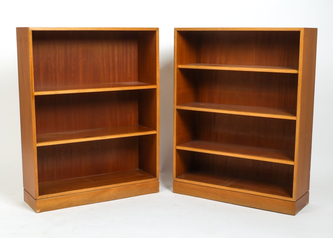 (2) MOGENSEN STYLE DANISH BEECH BOOKCASES C. 1970S: Adjustable shelves. Denmark, circa 1970s. Dimensions: H 38.5" x W 30" x D 10". Condition: Wear consistent with age and use. Minor scuffs. Fading to base.