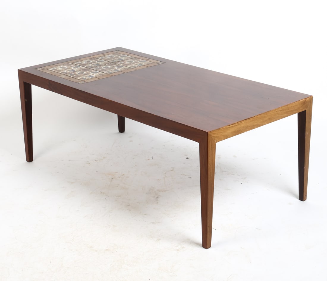 SEVERIN HANSEN DANISH ROSEWOOD & TILE COFFEE TABLE: Rosewood coffee table with ceramic tiles inlaid to top. Tagged underneath. Denmark, circa 1960s. Dimensions: H 19.75" x W 52.25" x D 26.25". Condition: Wear consistent with age and use including rubs