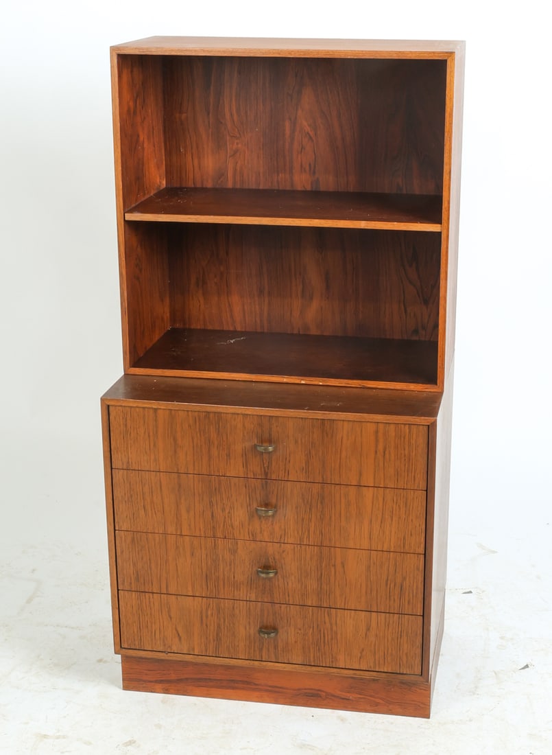 DANISH ROSEWOOD BOOKCASE CHEST C. 1960S: Consists of (2) units stacked freely upon each other. Base is also removable. Adjustable shelves. Denmark, circa 1960s. Dimensions: As Displayed H 46" x W 23" x D 16". Condition: Few chips to veneer.