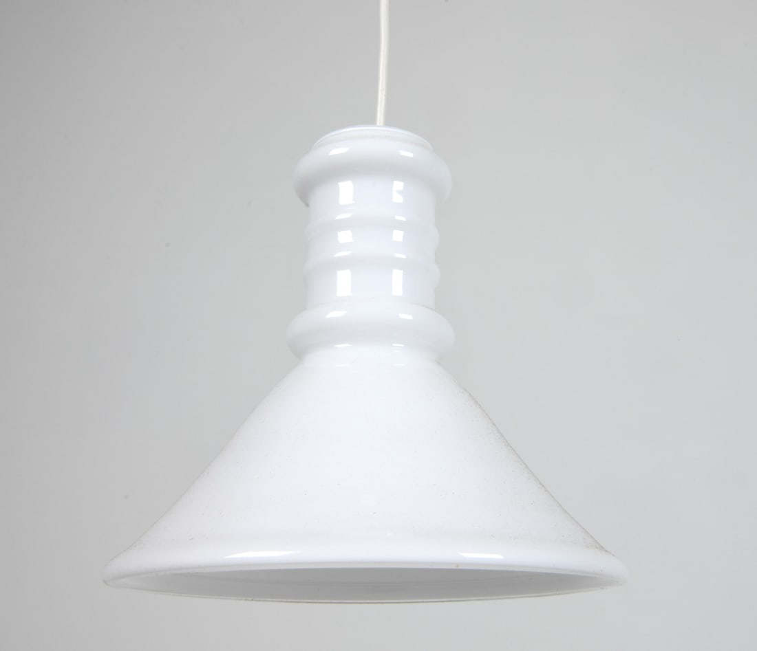 SIDSE WERNER HOLMEGAARD APOTEKER PENDANT LAMP: Danish mid-century model "Apoteker" white cased glass pendant light designed by Sidse Werner for Holmegaard and Royal Copenhagen. Apparently untagged. Denmark, circa 1980s. Dimensions: H 9.25" x Dia.