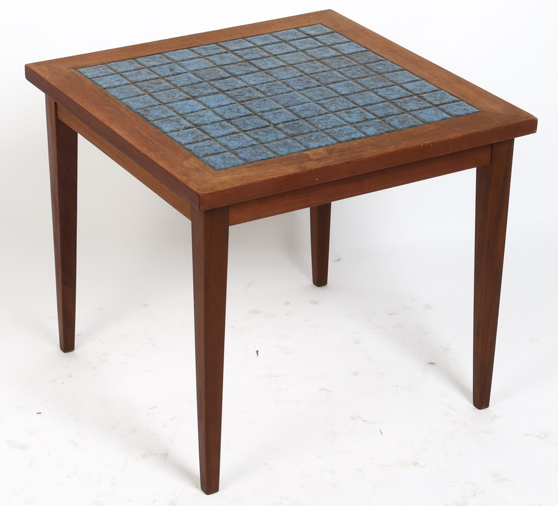 DANISH ROSEWOOD & TILE SIDE TABLE C. 1970S: Rosewood side table with blue ceramic tiles inlaid to top. Denmark, circa 1970s. Dimensions: H 20.5" x W 23.5" x D 23.5". Condition: Minor scuffs to wood and tile, wear consistent with age and use.