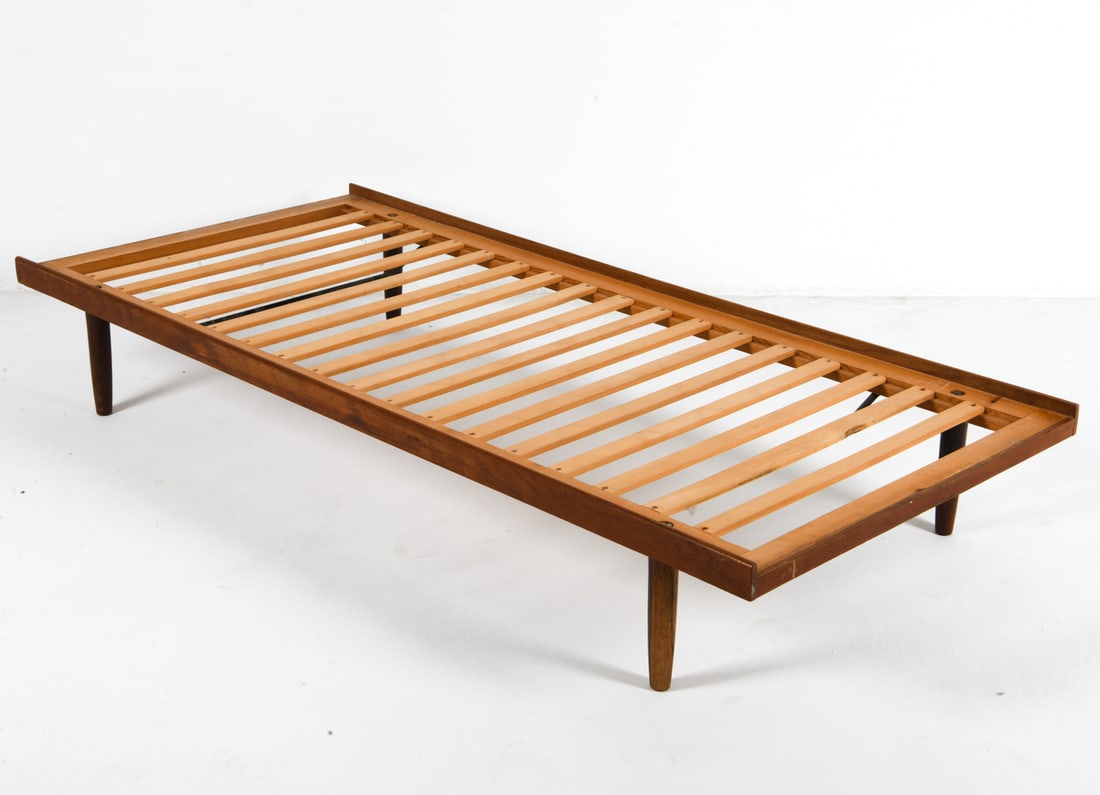 DANISH TEAK & ROSEWOOD DAYBED C. 1960S: Teak frame with rosewood legs. Denmark, circa 1960s. Dimensions: H 10" x W 80" x D 36.5". Condition: Some scuffs and dings. Wear consistent with age and use.