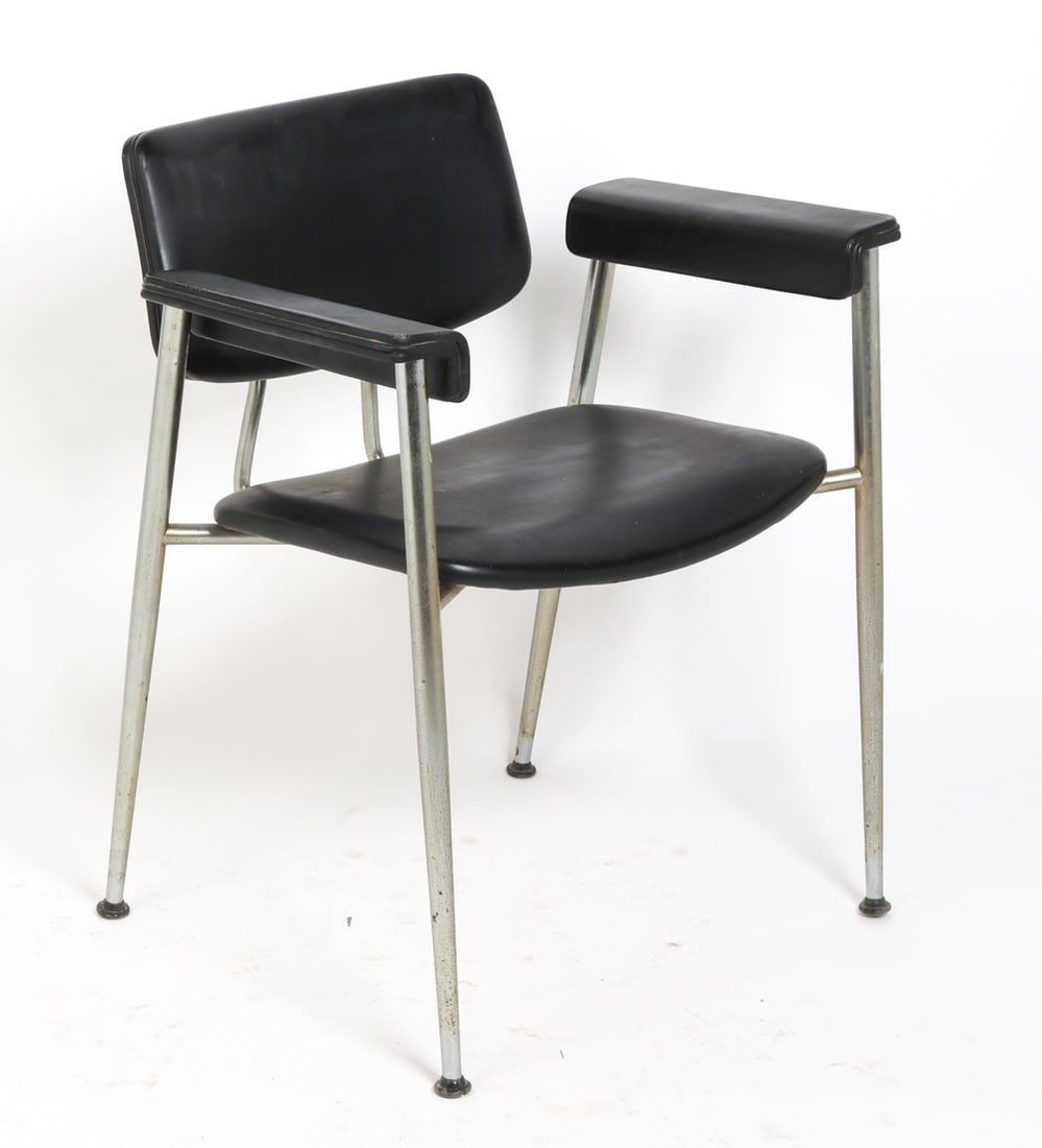 DUBA DANISH LEATHER & STEEL ARMCHAIR C. 1970S: Tagged underneath. Steel frame with black leather upholstery. Denmark, circa 1970s. Dimensions: H 28.75" x W 23.5" x D 19.5" x Sh 18". Condition: Wear consistent with age and use including rubs and