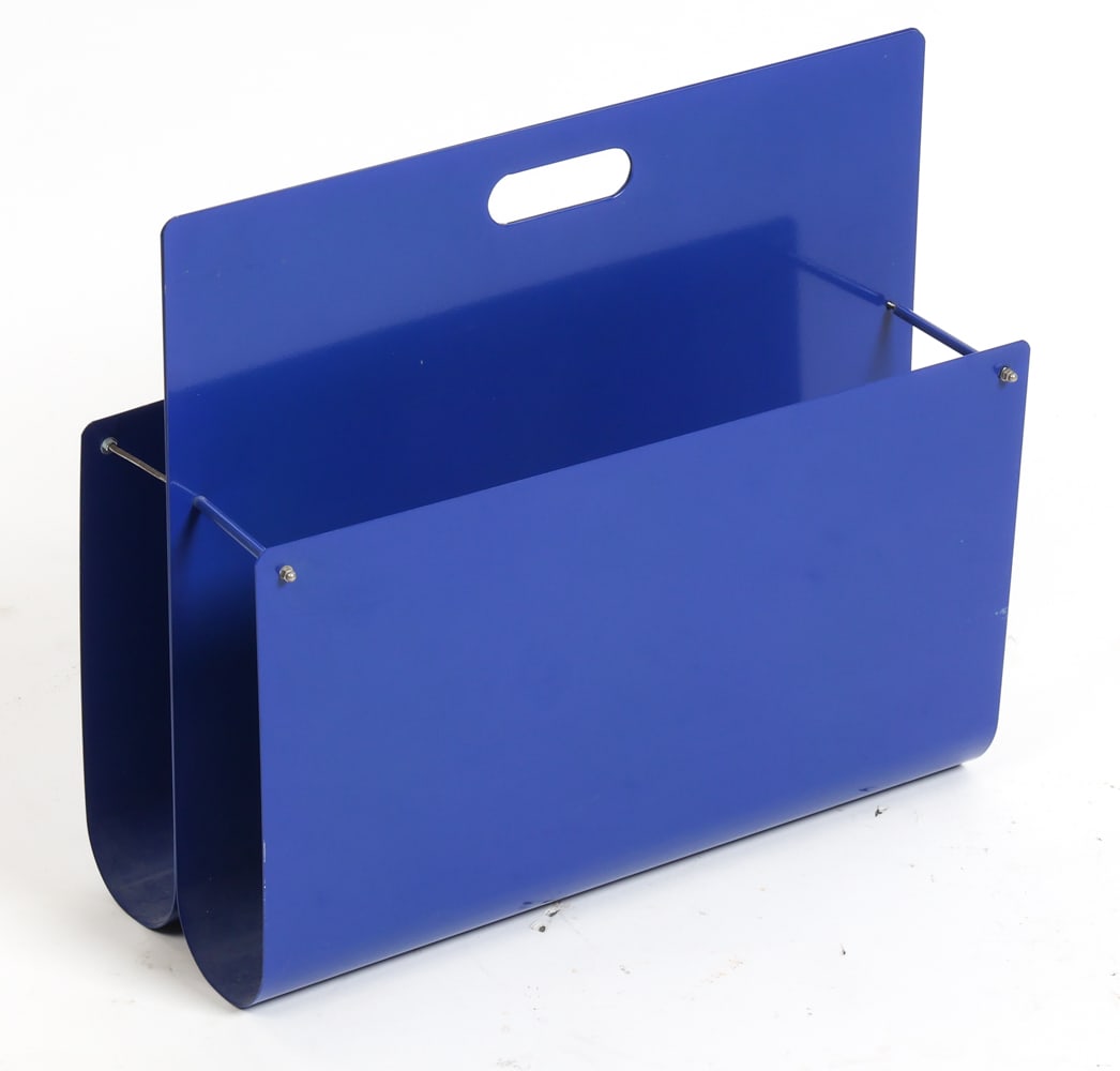 SCANDINAVIAN BLUE STEEL MAGAZINE HOLDER: Steel magazine holder in blue finish. 20th century. Dimensions: H 15.25" x W 17.25" x D 6.25". Condition: Wear consistent with age and use, including scratches and rubs, missing one screw.