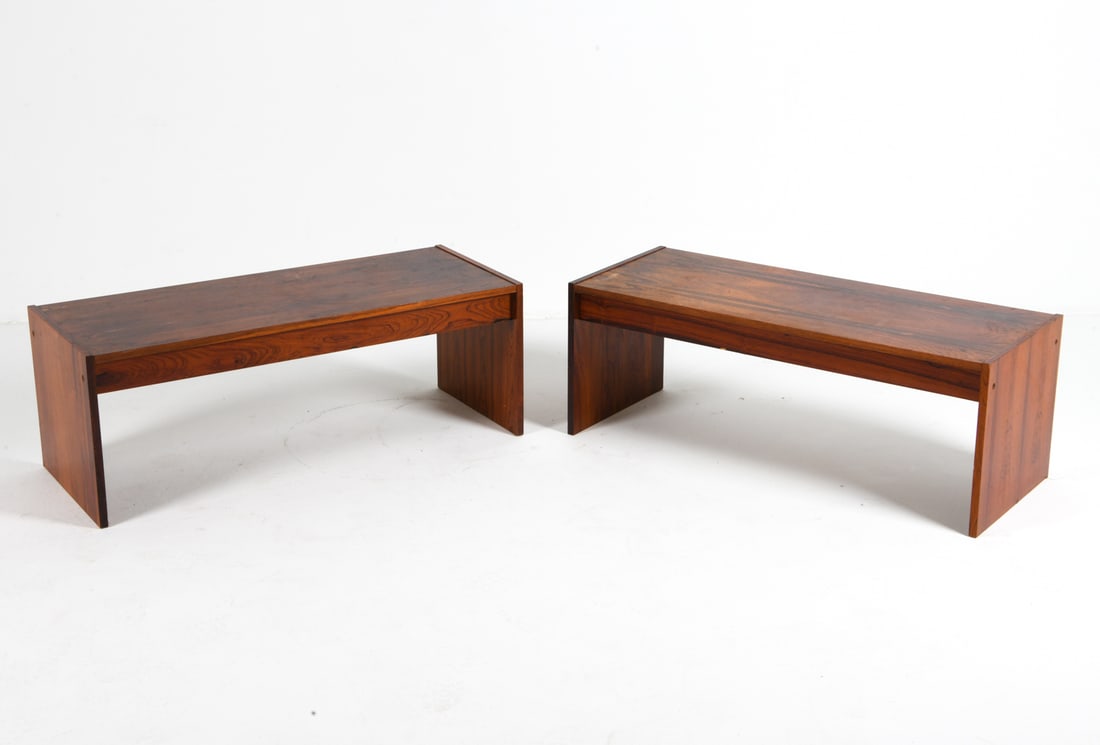 PAIR OF DANISH ROSEWOOD CONSOLE SHELVES C. 1960S: Dimensions: H 15" x W 39.5" x D 16". Condition: Scratches and Scuffs on surface. Slight sun fading. Wear consistent with age and use.