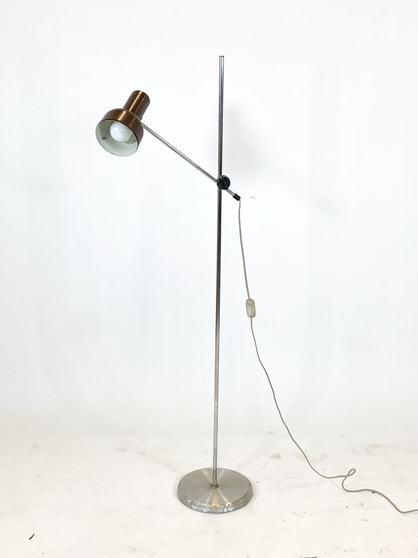 DANISH FLOOR LAMP C. 1970S: Adjustable lamp. Denmark, circa 1970s. Dimensions: H 52" x Dia. 14". Condition: Wiring untested, European plug. Wear consistent with age and use.