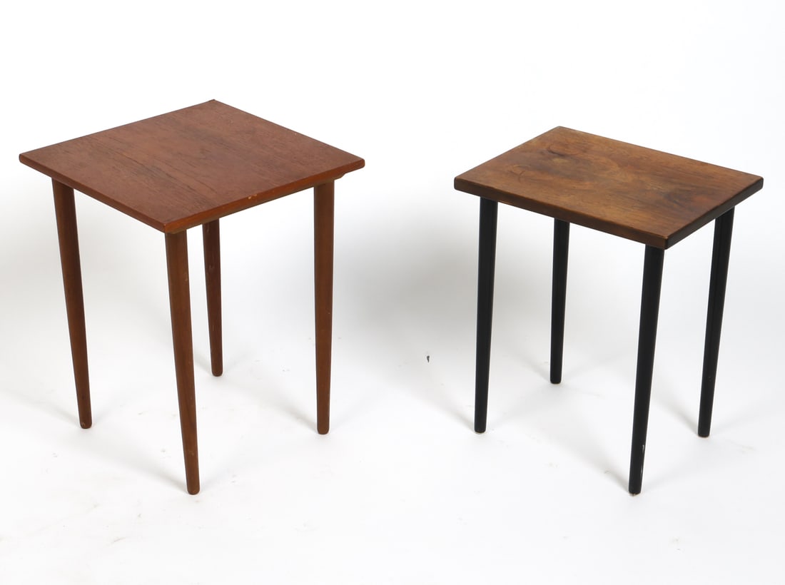 (2) DANISH TEAK SIDE TABLES C. 1960S: Grouping of (2) teak side tables. One with black painted legs. Denmark, circa 1960s. Dimensions: (Tallest) H 17.75" x W 14" x D 13.75". Conditions: Wear consistent with age and use including