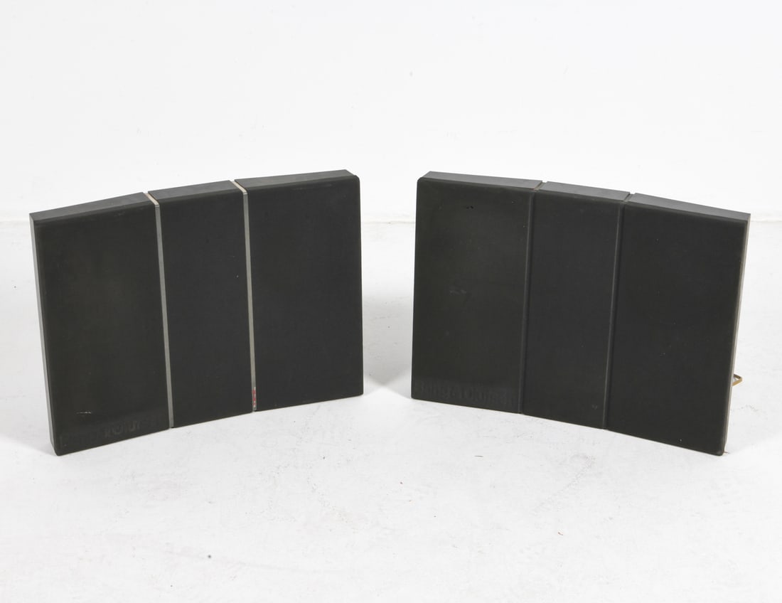 PAIR OF BANG & OLUFSEN BEOVOX RED LINE SPEAKERS: Tagged to backs. Denmark, circa 1980s. Dimensions: H 16.25" x W 21.25" x D 5.25" Condition: Wear consistent with age and use, wiring untested.