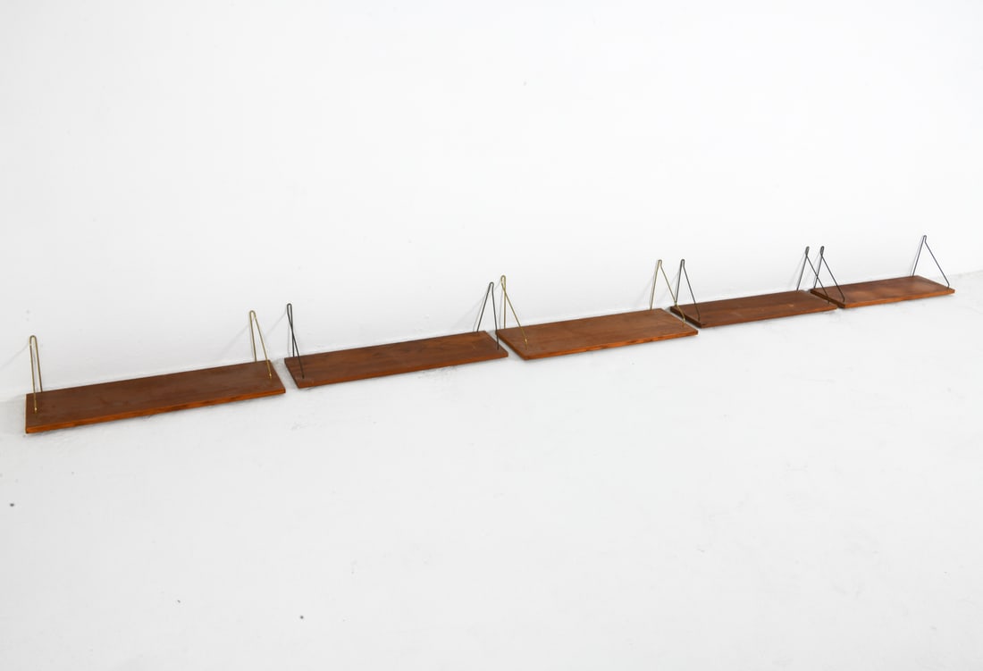 GROUPING OF DANISH BEECH WALL SHELVES C. 1960S: Stained beech shelves with metal brackets. Denmark, circa 1960s. Dimensions: Each L 8" x W 24". Condition: Some scratches and scuffs throughout. Wear consistent with age and use.