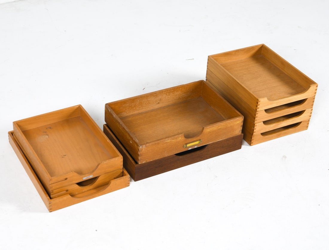 DANISH OAK & TEAK LETTER TRAY GROUPING C. 1960S: Dimensions: (Largest) H 2.75" x W 17" x D 10.25" Condition: Wear consistent with age and use including rubs and scuffs.