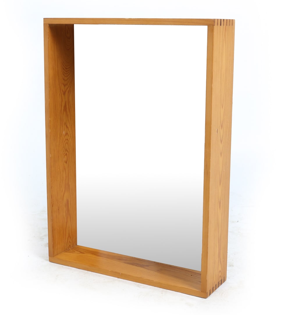 DANISH PINE WALL MIRROR C. 1970S: Dimensions: H 24" x W 17" x D 4.5". Condition: Minor scuffs to frame. Wear consistent with age and use.