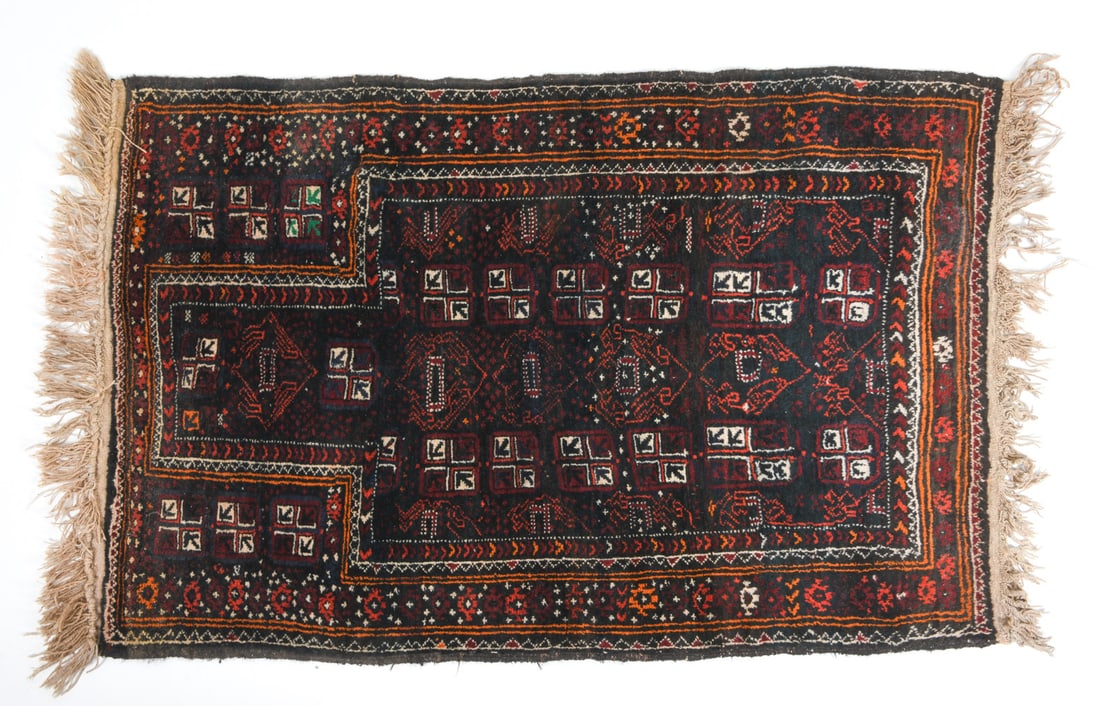 AFGHAN BALUCH ORIENTAL PRAYER RUG: Hand-knotted wool rug in dark geometric design. Dimensions: L 61" x W 37". Condition: Overall good condition, some loss to border.