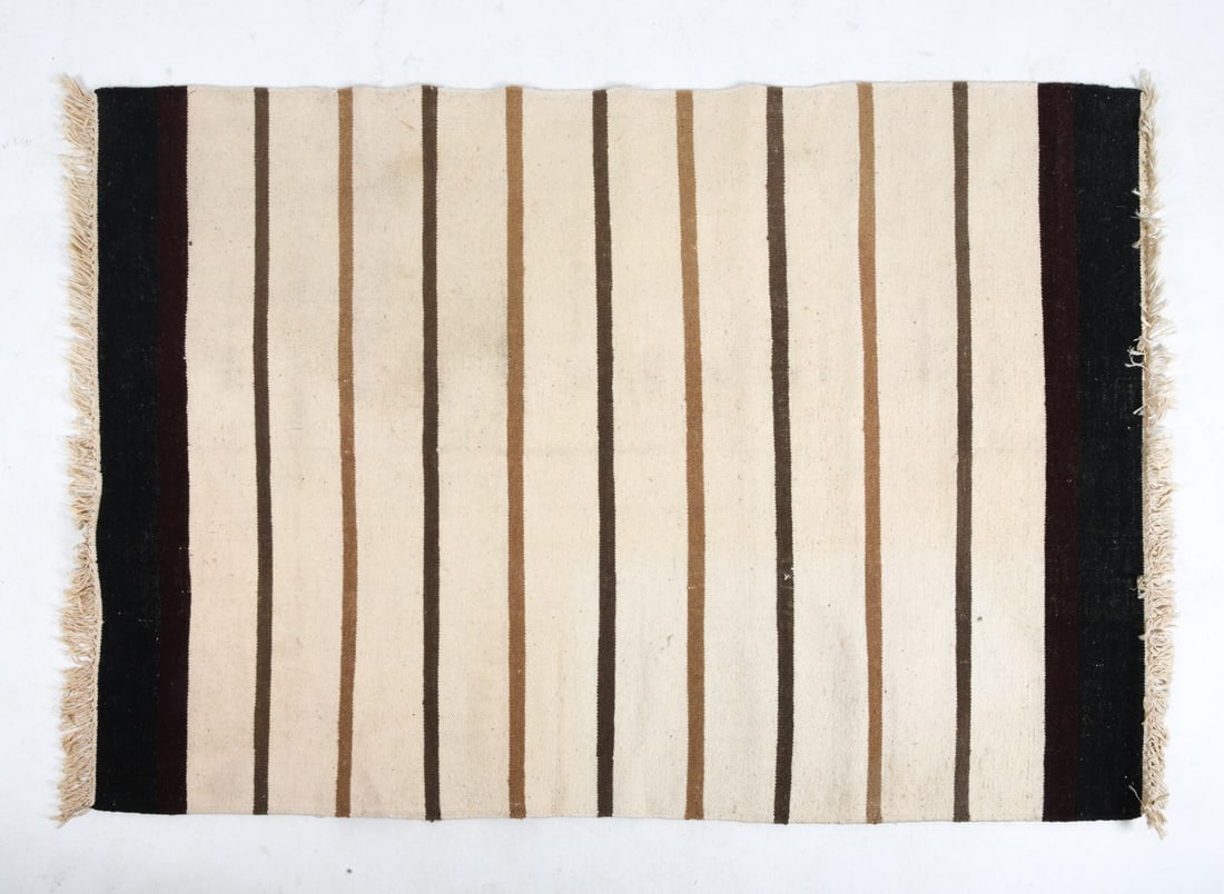 MID-CENTURY DANISH FLAT WEAVE WOOL RUG: Hand-knotted wool rug in cream with striped pattern. Mid 20th century. Dimensions: L 81" x W 54". Condition: Discoloration and slight fading to pile. Overall presents well.