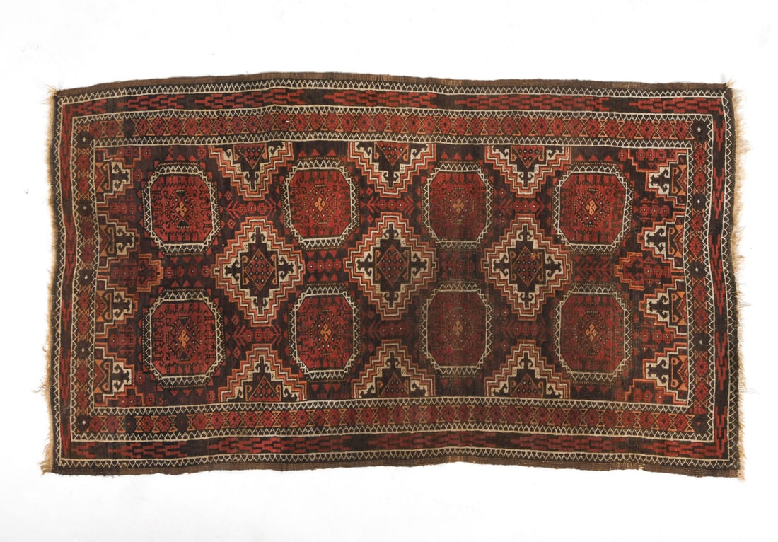 ORIENTAL AFGHAN RUG: Hand-knotted oriental rug with medallion design in red and black. 20th century. Dimensions: L 69" x W 38.5". Condition: Losses to fringe and border. Losses and minor fading to pile. Needs cleaning.