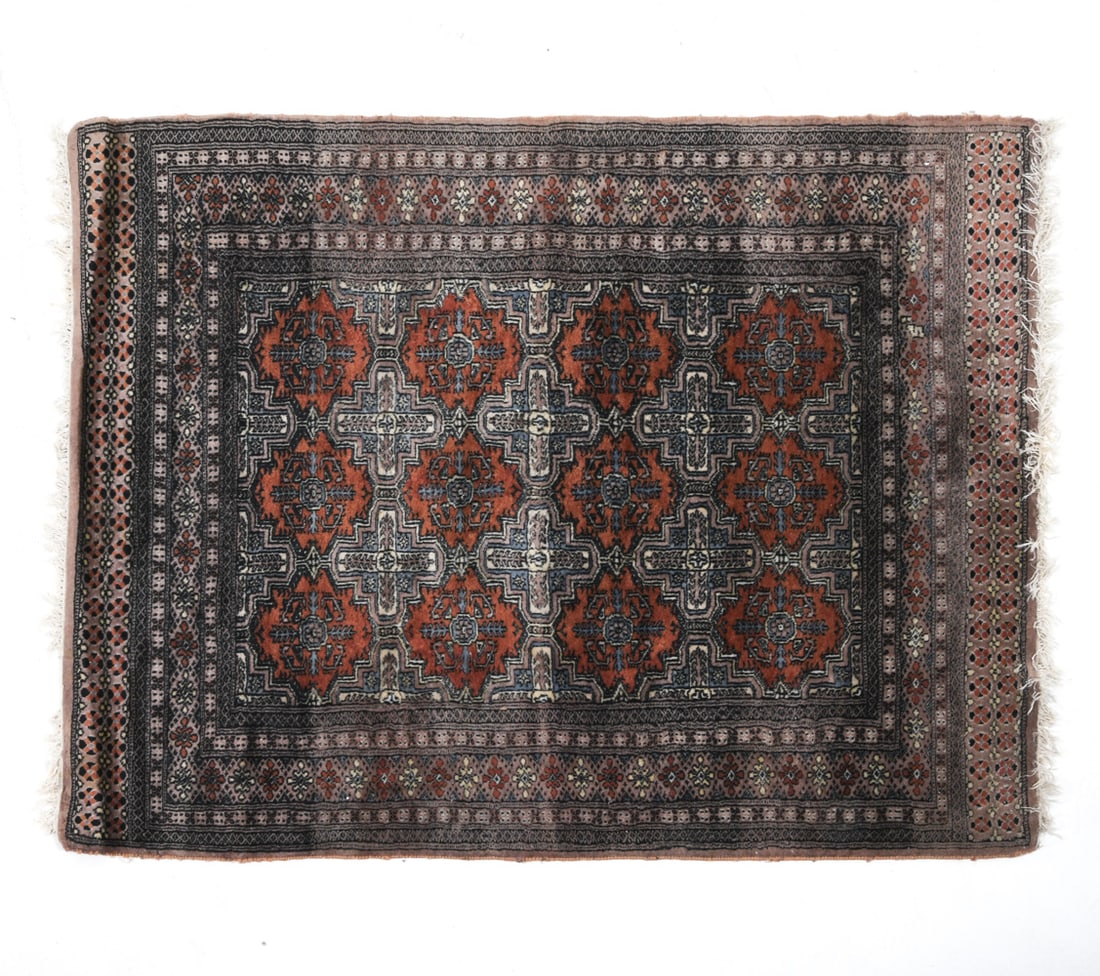 MOROCCAN STYLE ORIENTAL RUG: Hand-knotted oriental rug in grey and red geometric designs. 20th century. Dimensions: H 63.25" x W 49.75". Condition: Wear consistent with age and use including minor sun-fading, minor losses to