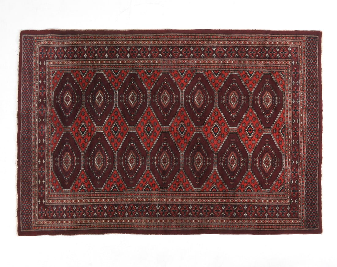BALUCH ORIENTAL RUG: Hand-knotted wool rug with geometric design. 20th century. Dimensions: L 77" x W 51". Condition: Wear consistent with age and use.