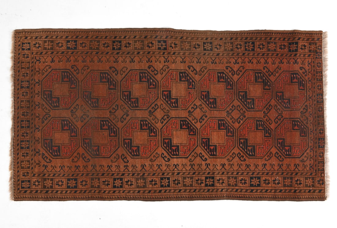 AFGHAN TURKMEN ERSARI ORIENTAL RUG: Hand-knotted wool rug with geometric medallion or gul pattern. 20th century. Dimensions: L 84" x W 47". Condition: Showing signs of wear consistent with age and use. Cleaning recommended.