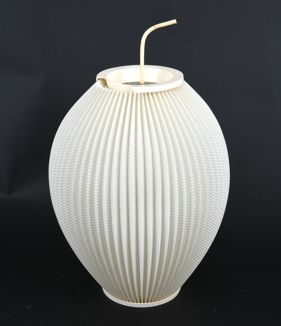 LARS SCHIOLER FOR HOYRUP DANISH PENDANT LIGHT: Model "Pearl" by Lars Eiler Schioler, Textured pleated plastic shade with frame. Denmark, circa 1960s. Dimensions: H 13" x Dia. 9" Conditions: Not Tested cord cut, Wear consistent with age and use.
