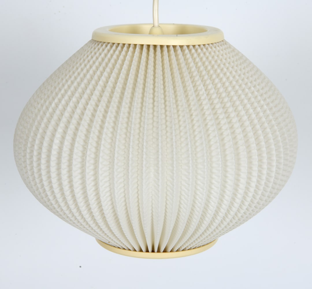 LARS SCHIOLER FOR HOYRUP DANISH PENDANT LIGHT: Model "Pearl" by Lars Eiler Schioler. Textured pleated plastic shade with frame. Denmark, circa 1960s. Dimensions: H 7.5" x Dia. 10" Conditions: Not Tested, Wear consistent with age and use.
