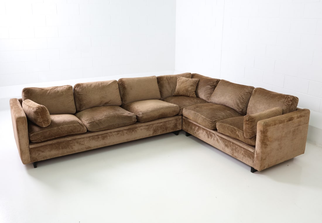 SCANDINAVIAN VELVET SECTIONAL SOFA C. 1970S: Modular sofa in L-shaped configuration. Blocky profile with brown tone cut-pile upholstery. Scandinavian, circa 1970s. Dimensions: H 28.75" x W 112" x D 84.5" x Sh 16.5" Conditions: Wear consistent