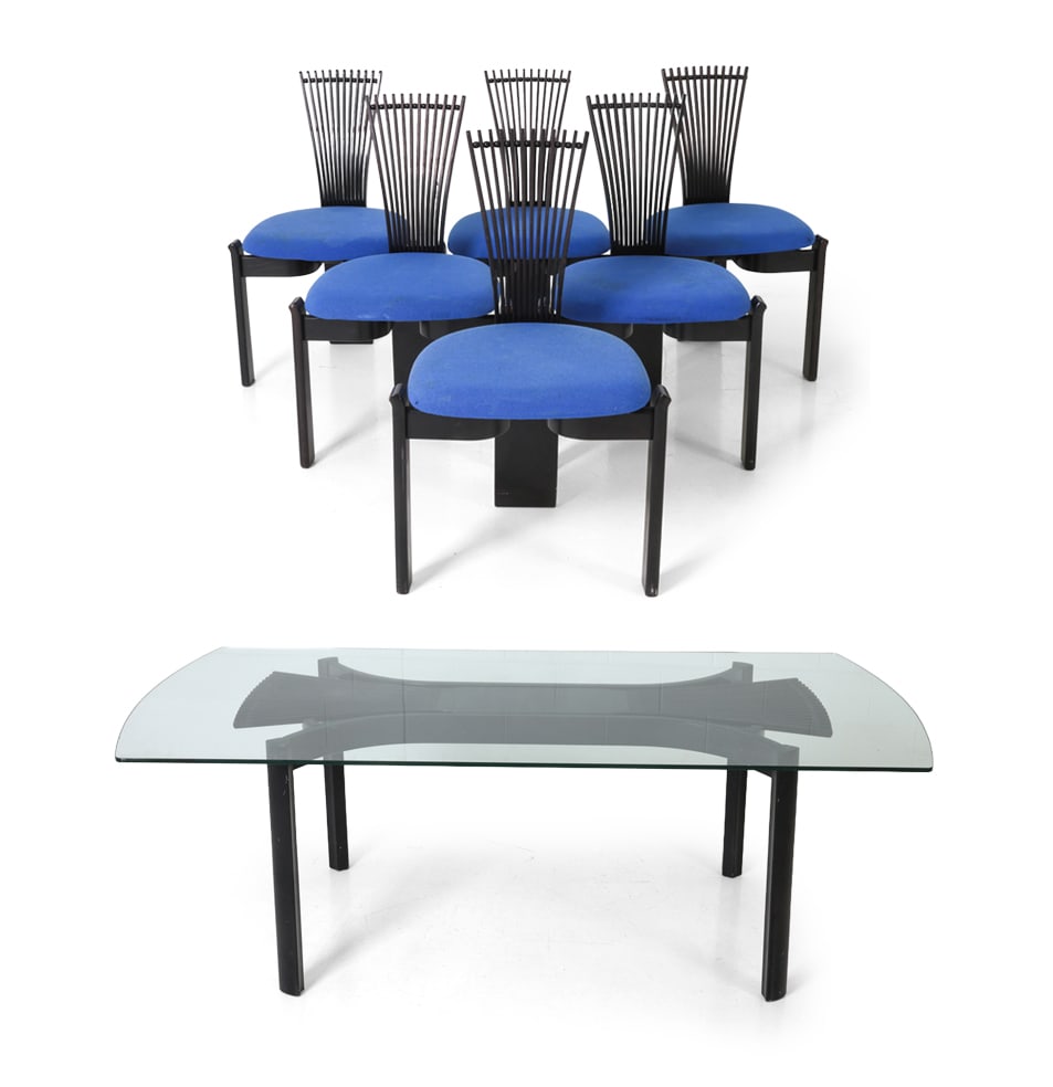 TORSTEIN NILSEN FOR WESTNOFA DINING CHAIRS & TABLE: Model "Totem" dining suite. Grouping of 6 dining chairs and a table. Sculptural backrest with blue upholstery. Glass-top table with dark legs. Norway, circa 1980s. Dimensions: (Table) H 28" x W