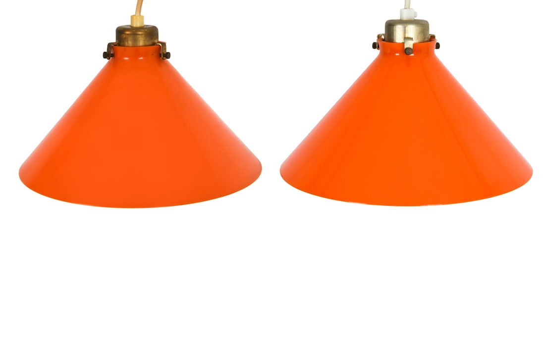 PAIR ATTR. DAVIDS DANISH PENDANT LAMPS C. 1980S: Plastic shade with brass colored top. Denmark, circa 1980s. Dimensions: H 6" x Dia. 10" Conditions: Not Tested, Wear consistent with age and use.