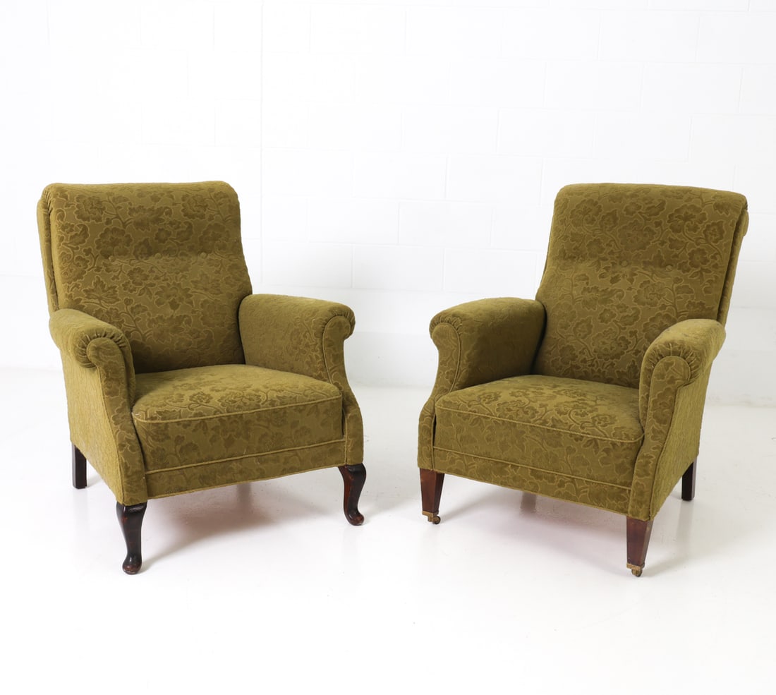(2) DANISH GREEN LOUNGE CHAIRS C. 1950S: Green textured wool pile upholstery with tufted button back. One with curved stained beech legs and another with tapered oak legs with a caster. Denmark, circa 1950s. Dimensions: H 37.75" x W 31.75"