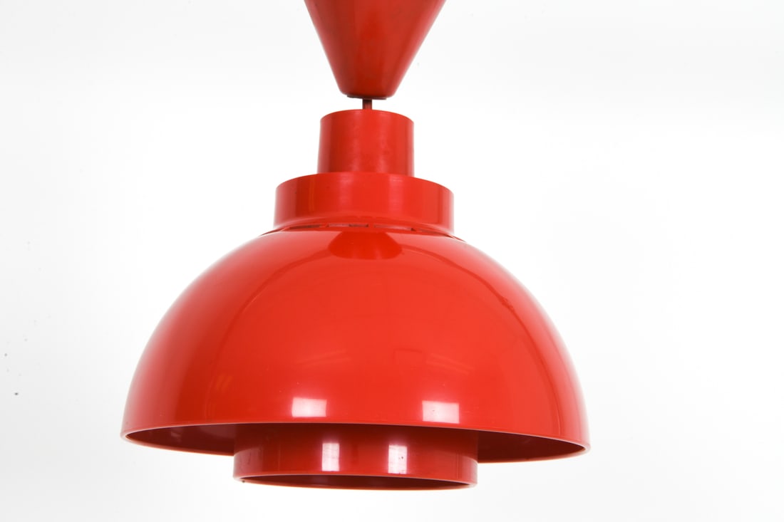 KEWO FOR NORDISK SOLAR DANISH PENDANT LAMP C.1960S: Model "Minisol". Red dome-shaped plastic shade. Apparently unmarked. Denmark, circa 1960s. Dimensions: H 10.25" x Dia. 9" Conditions: Not Tested, Wear consistent with age and use.