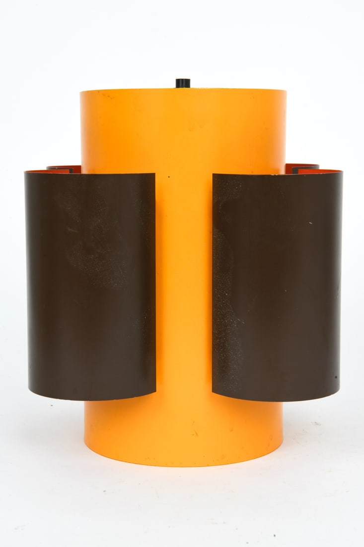 FOG & MORUP DANISH PENDANT LIGHT C. 1960S: Rare model by Fog & Morup. Painted metal frame with layered cylindrical form. Tagged near socket. Denmark, circa 1960s. Dimensions: H 9.5" x Dia. 9.75" Conditions: No wiring included, Not Tested,