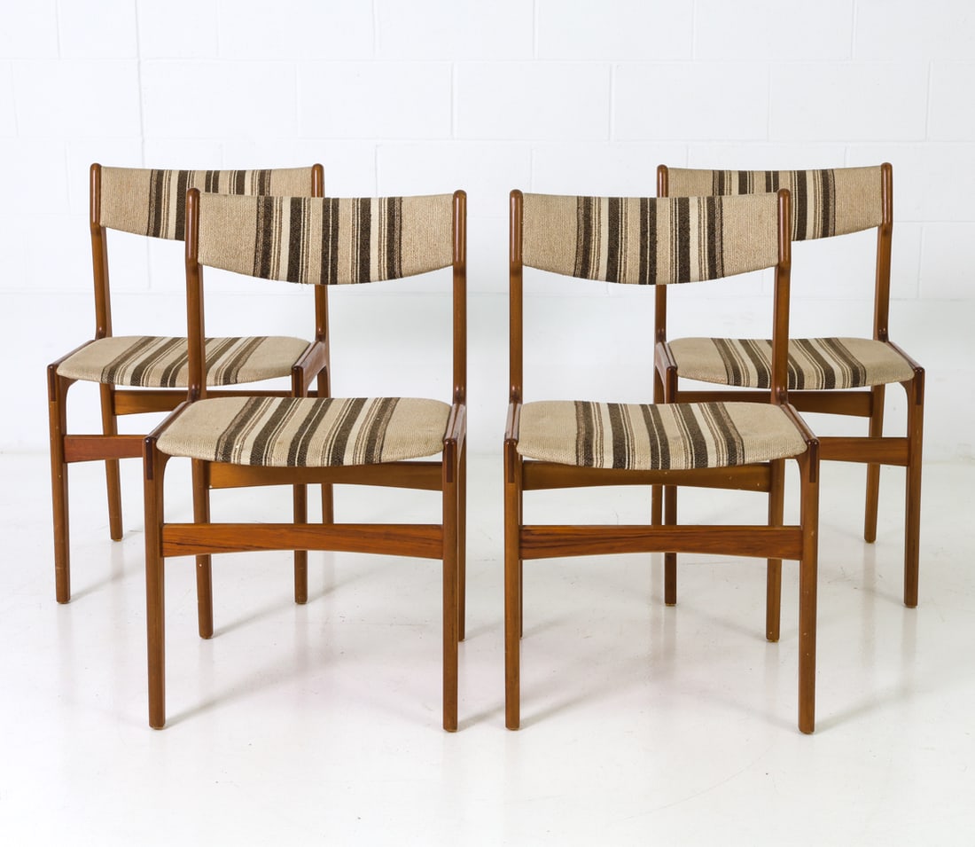 (4) ATTR. ERIK BUCH DANISH TEAK DINING CHAIRS: Four chairs with teak frame and striped upholstery. Denmark, circa 1960s. Dimensions: H 31.5" x W 19" x D 18.5" x Sh 17.25" Condition: Marks of discoloration to seat and backrest, Wear consistent with