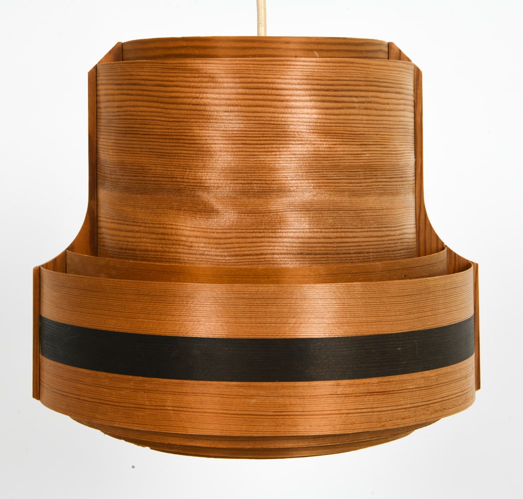 ATTR HANS AGNE JAKOBSSON SWEDISH PINE PENDANT LAMP: Ceiling lamp or pendant light in pine frame with black accent detail. Sweden, circa 1960s. Dimensions: H 9.25" x Dia. 10.25" Conditions: Not Tested cord cut, Scratches and rubs to sides, Wear