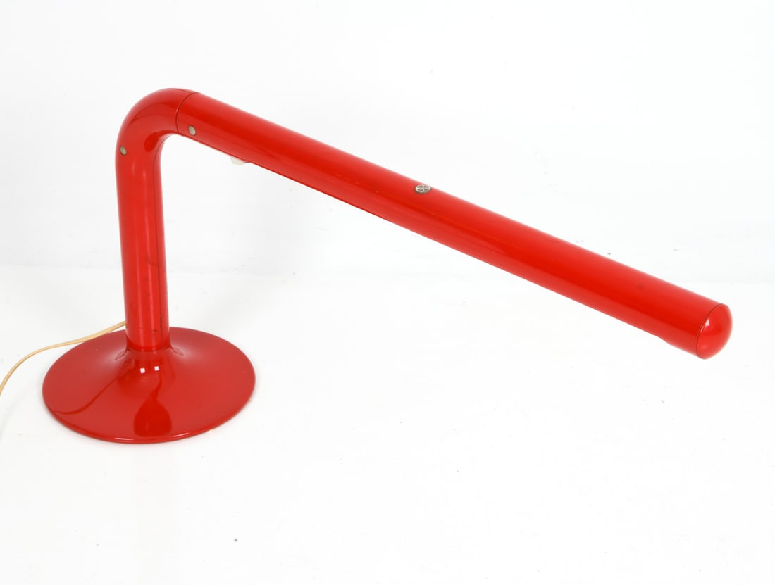 ANDERS PEHRSON FOR ATELJE LYKTAN SWEDISH LAMP: Orange "Tuben" table lamp in a tubular form, designed by Anders Pehrson for production by Atelje Lyktan. Labeled on underside. Sweden circa 1970s. Dimensions: H 16" x W 9.75" x D 33.5" Conditions:
