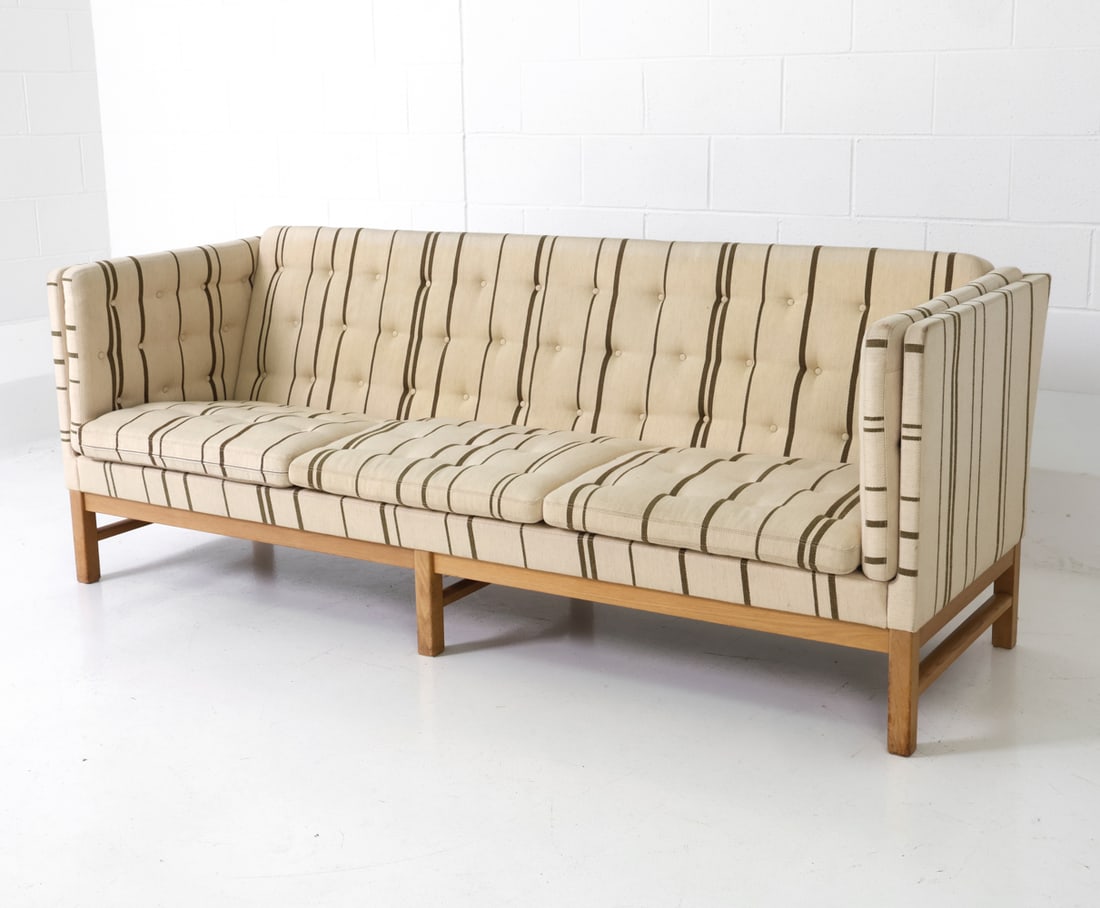ERIK OLE JORGENSEN "EJ315" DANISH SOFA 1970S: Stripe upholstery by Gabriel Savak with button-back details. Tagged underneath. Denmark, circa 1970s. Dimensions: H 30" x W 82.75" x D 29.5" x Sh 15.75" Conditions: Wear consistent with age and use. U
