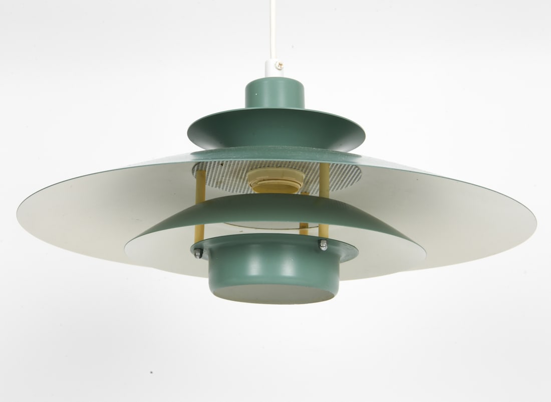 JEKA "VOLGA" DANISH PENDENT LIGHT C. 1970S: Multi-shade fixture light. Tagged to the inner surface. Denmark, circa 1970s. Dimensions: H 7" x Dia. 15.5" Conditions: Not Tested, Wear consistent with age and use, including discoloration inside.