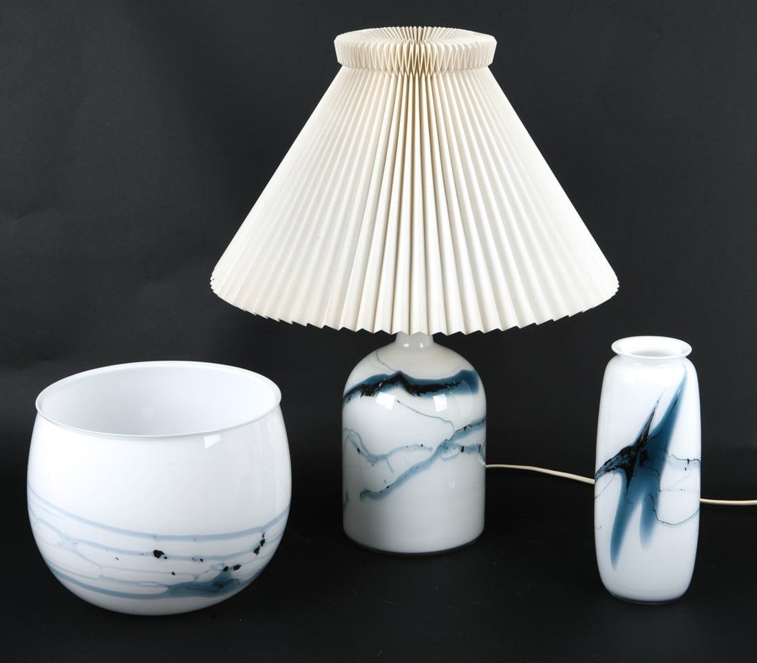 MICHAEL BANG FOR HOLMEGAARD LAMP & VASE GROUPING: Grouping includes a lamp with pleated shade, a larger round bowl and a vase. Marked on undersides. Dimensions: (Lamp) H 22" x Dia 16.75" Condition: Light surface marks and scratches consistent with