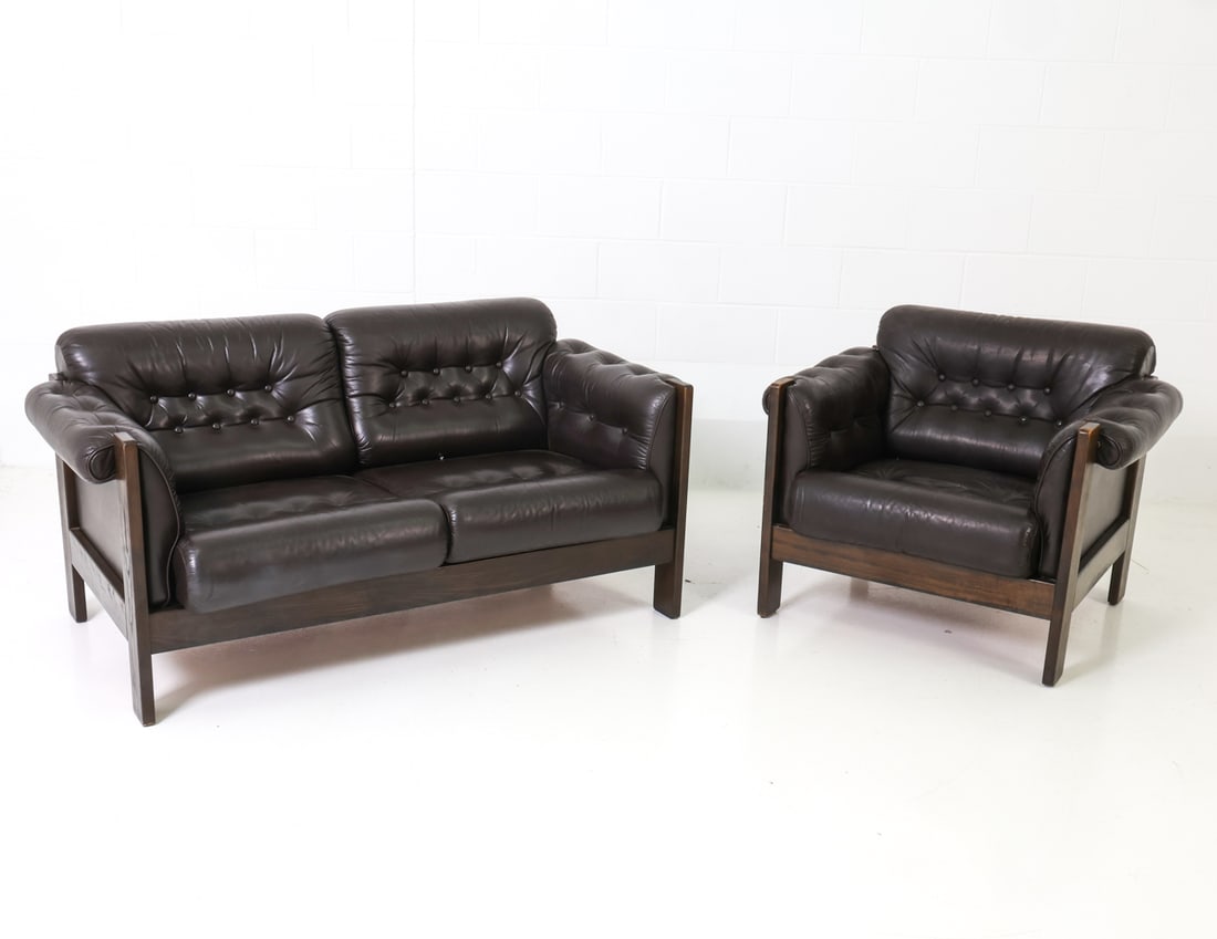 STYLE OF EKORNES LEATHER LOVESEAT & ARMCHAIR 1970S (1 of 20)