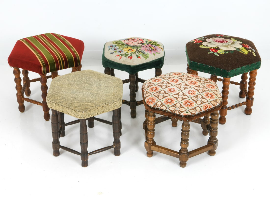 GROUPING OF SCANDINAVIAN OAK STOOLS C. 1920S: Grouping of 5 stools with oak bobbin turned legs and a variety of upholstered seats. Circa 1920s. Dimensions: (Tallest) H 14" x W 16.25" x D 14.25" Condition: Wear consistent with age and use