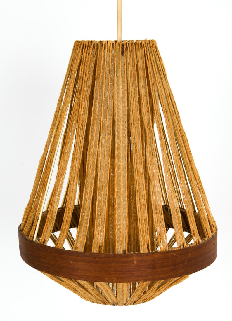IB FABIANSEN FOR FOG & MORUP PENDANT LIGHT C.1960S: Made of teak and jute cord ceiling lamp, attributed to Ib Fabiansen for Fog & Morup. Apparently unmarked. Denmark, circa 1960's. Dimensions: H 13" x Dia.10 " Conditions: Not tested, Cord cut. Wear