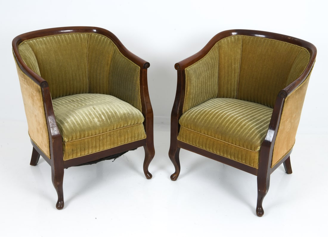 SCANDINAVIAN VELVET CLUB CHAIRS 1940S: With striped upholstery. Scandinavian, circa 1940s. Dimensions: H 30.5" x W 23.75" x D 25" x Sh 16.75" Condition: Scratches and rubs to legs and armrest, sun-fading to fabric, Wear consistent with