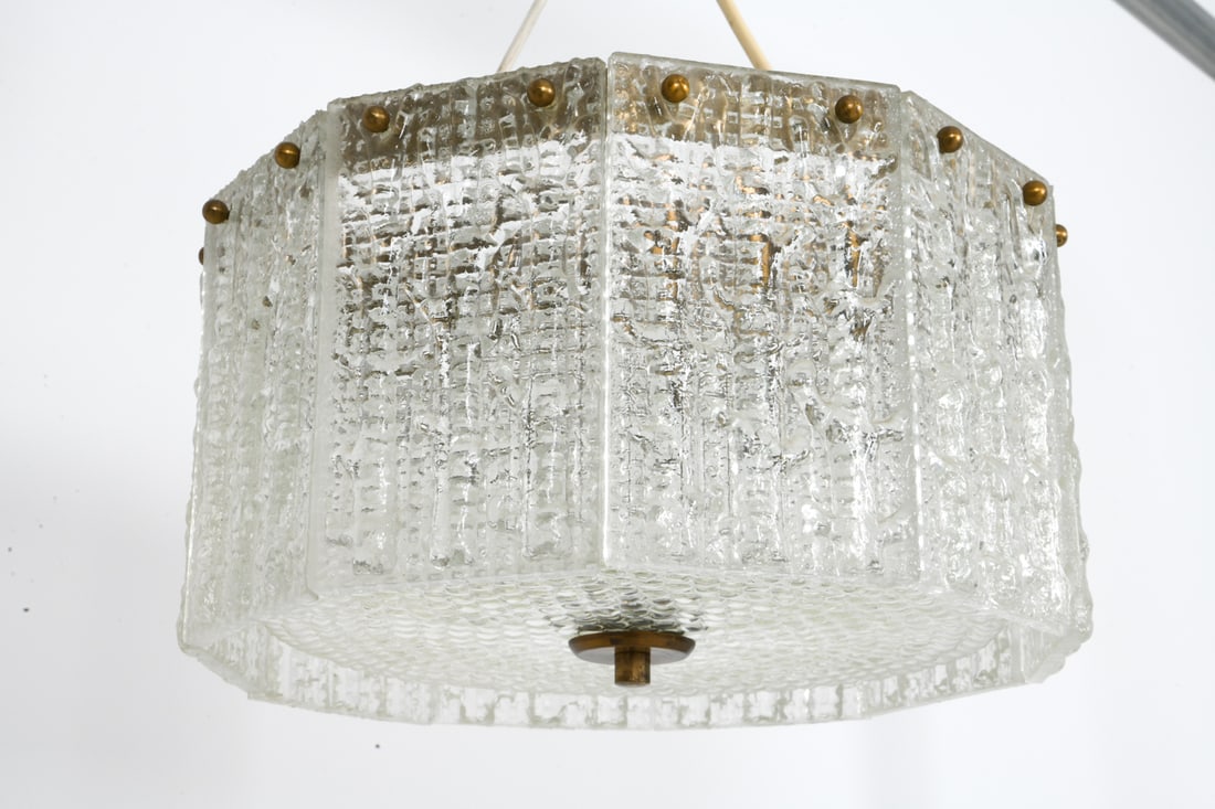 ATTR. CARL FAGERUND CRYSTAL PENDANT LIGHT C. 1970S: Pendant light with crystal glass panels and brass fixture. Apparently unmarked. Sweden, circa 1970's. Dimensions: H 7" x Dia. 13" Conditions: Not tested. Wear consistent with age and use.