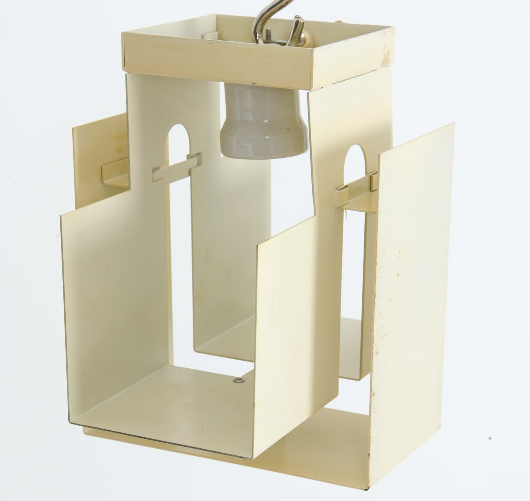 PHILIPS DUTCH PENDENT LIGHT C. 1960S: Industrial painted steel frame in a folded construction. Labeled to surface. Netherlands, circa 1960s. Dimensions: H 7.75" x W 6.25" x D 8" Conditions: Not Tested, Wear consistent with age and use.