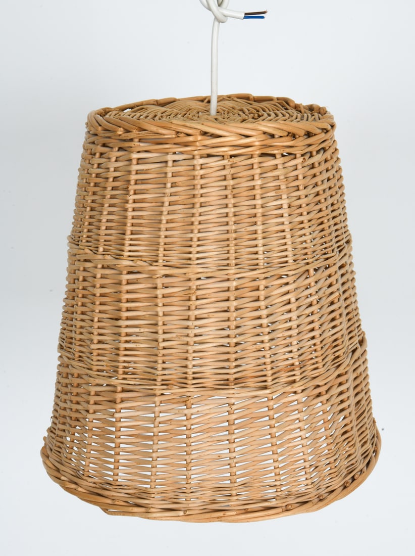 SCANDINAVIAN WICKER PENDENT LIGHT C. 1970S: Open lattice bell form frame. Scandinavian, circa 1970s. Dimensions: H 11.75" x Dia. 12.25" Conditions: Not Tested, Wear consistent with age and use.