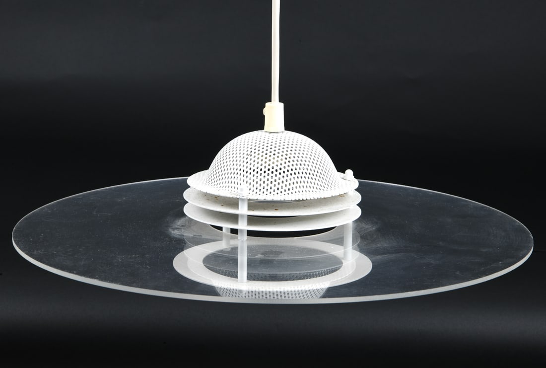 FRANDSEN DANISH ACRYLIC PENDANT LIGHT CIRCA 1980'S: Saucer-shaped acrylic pendant lamp. Marked to socket. Denmark, circa 1980's. Dimensions: H 4" x Dia.15.25 " Conditions: Not tested. Wear consistent with age and use.