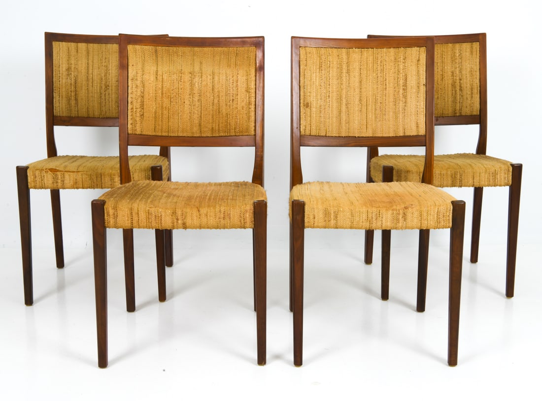 (4) SVEGARDS SWEDISH MAHOGANY DINING CHAIRS 1960S: Mahogany frame with textured upholstery. Marked underneath. Sweden,circa 1960s. Dimensions: H 34" x W 17.75" x D 18.5" x Sh 17" Condition: Tear to fabric of seats, rubs and scuffs to backrest, Wear co