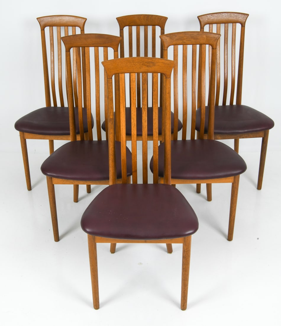 (6) ANDERSEN STYLE DANISH TEAK DINING CHAIRS 1960S: Teak frame with slatted high-backs and curved top edge. Faux leather upholstery. Denmark, circa 1960s. Dimensions: H 41.75" x W 19.75" x D 19" x Sh 18.75" Conditions: Rubs and scratches to backrest an